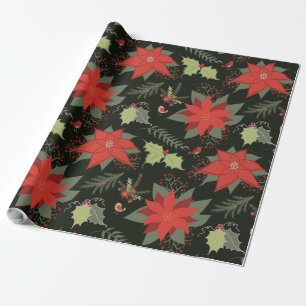 Red Poinsettias Green Holly Kerstmis Cadeaupapier