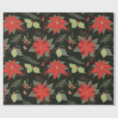 Red Poinsettias Green Holly Kerstmis Cadeaupapier (Vlak)
