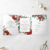 Red Poinsettias, Holly, Berries kersthuwelijk Drieluik Uitnodiging (Binnen)