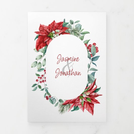 Red Poinsettias, Holly, Berries kersthuwelijk Drieluik Uitnodiging (Cover)