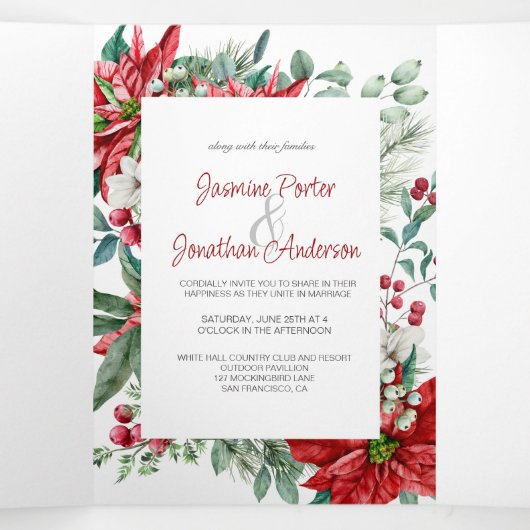 Red Poinsettias, Holly, Berries kersthuwelijk Drieluik Uitnodiging (Binnenkant midden)