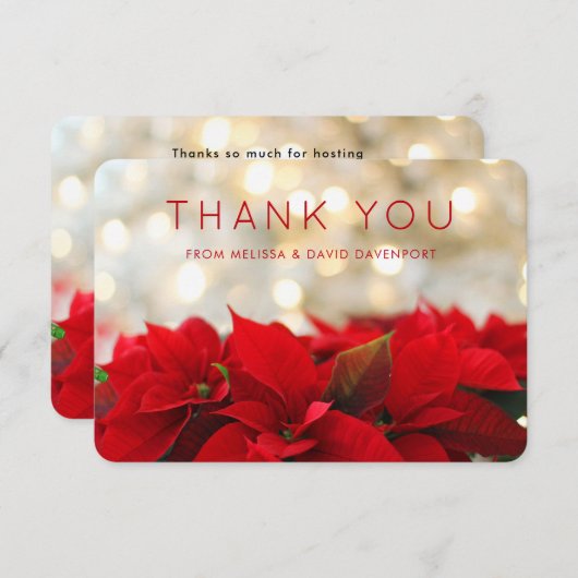 Red Poinsettias met Golden Bokeh-kerstBedankt Bedankkaart (Voorkant / Achterkant)