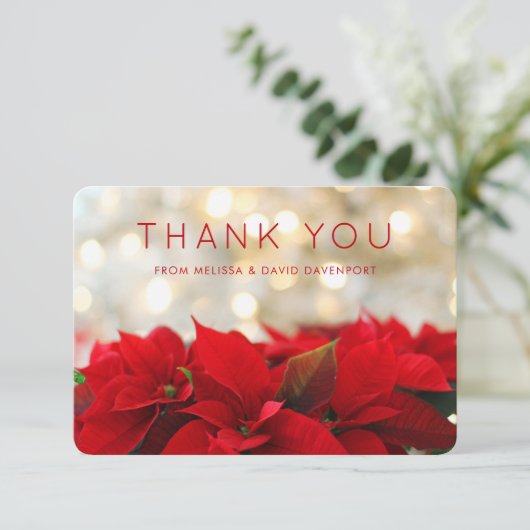 Red Poinsettias met Golden Bokeh-kerstBedankt Bedankkaart (Staand voorkant)