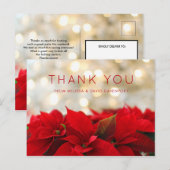 Red Poinsettias met Golden Bokeh-kerstBedankt Briefkaart (Voorkant / Achterkant)