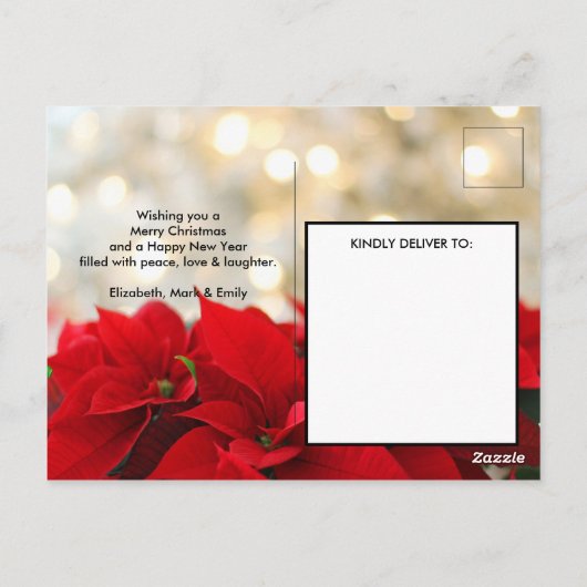 Red Poinsettias met Golden Bokeh Kerstmis Briefkaart (Achterkant)