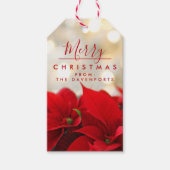 Red Poinsettias met Golden Bokeh Kerstmis Cadeaulabel (Voorkant)