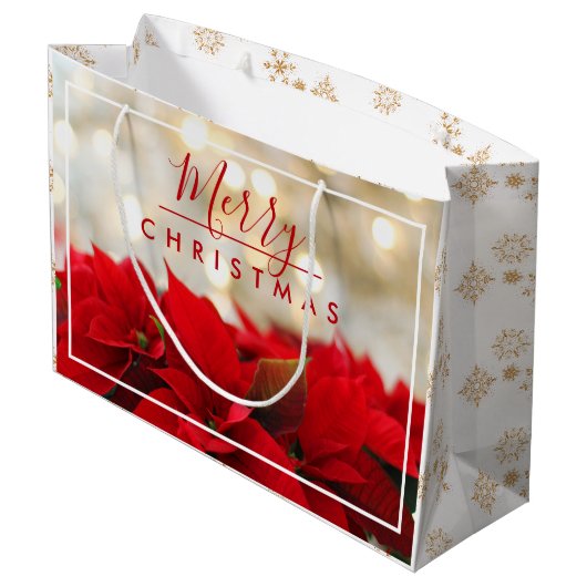 Red Poinsettias met Golden Bokeh Kerstmis Groot Cadeauzakje (Achterkant Gekanteld)