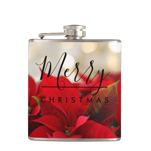 Red Poinsettias met Golden Bokeh Kerstmis Heupfles (Voorkant)