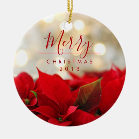 Red Poinsettias met Golden Bokeh Kerstmis Keramisch Ornament (Voorkant)