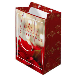 Red Poinsettias met Golden Bokeh Kerstmis Medium Cadeauzakje