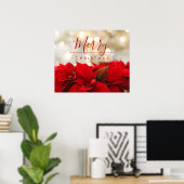 Red Poinsettias met Golden Bokeh Kerstmis Poster (Thuiskantoor)