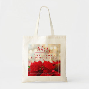 Red Poinsettias met Golden Bokeh Kerstmis Tote Bag