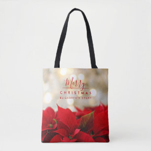 Red Poinsettias met Golden Bokeh Kerstmis Tote Bag
