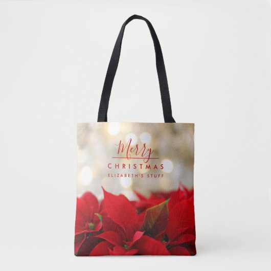 Red Poinsettias met Golden Bokeh Kerstmis Tote Bag (Voorkant)