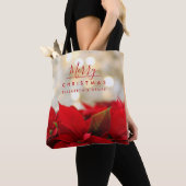 Red Poinsettias met Golden Bokeh Kerstmis Tote Bag (Dichtbij)