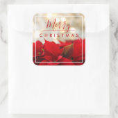 Red Poinsettias met Golden Bokeh Kerstmis Vierkante Sticker (Tas)
