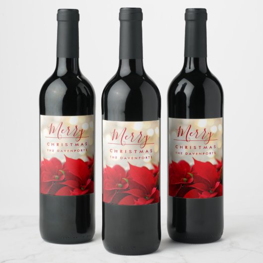 Red Poinsettias met Golden Bokeh Kerstmis Wijn Etiket (Flessen)
