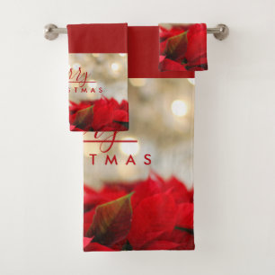Red Poinsettias met Golden Bokeh Merry Kerstmis Bad Handdoek