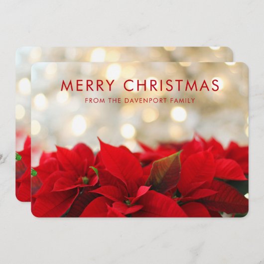 Red Poinsettias met Golden Bokeh Merry Kerstmis Feestdagenkaart (Voorkant / Achterkant)