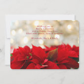 Red Poinsettias met Golden Bokeh Merry Kerstmis Feestdagenkaart (Achterkant)