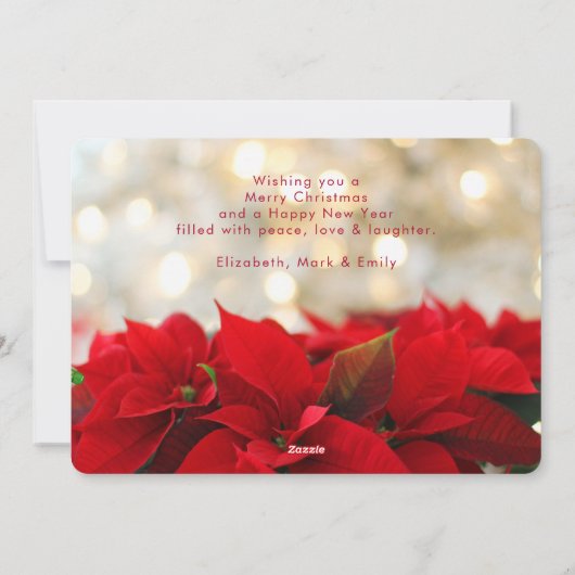 Red Poinsettias met Golden Bokeh Merry Kerstmis Feestdagenkaart (Achterkant)