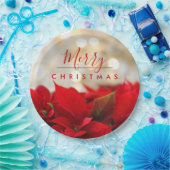 Red Poinsettias met Golden Bokeh Merry Kerstmis Papieren Bordje (Feest)