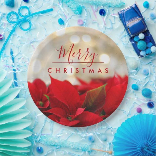 Red Poinsettias met Golden Bokeh Merry Kerstmis Papieren Bordje (Feest)