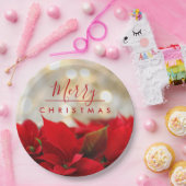 Red Poinsettias met Golden Bokeh Merry Kerstmis Papieren Bordje (Feest)