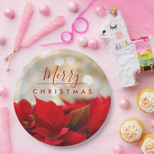 Red Poinsettias met Golden Bokeh Merry Kerstmis Papieren Bordje (Feest)