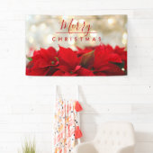 Red Poinsettias met Golden Bokeh Merry Kerstmis Spandoek (Insitu)