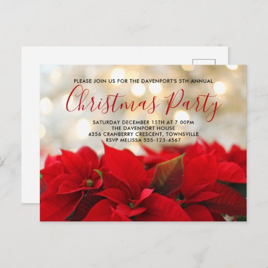 Red Poinsettias met Gouden Bokeh-kerstuitnodiging Briefkaart (Voorkant / Achterkant)