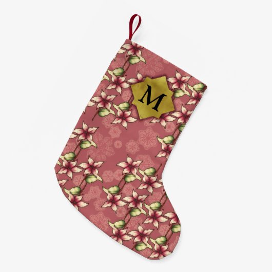 Red Poinsettias & Snowflakes Gold Monogram Kleine Kerstsok (Voorkant (Hangend))