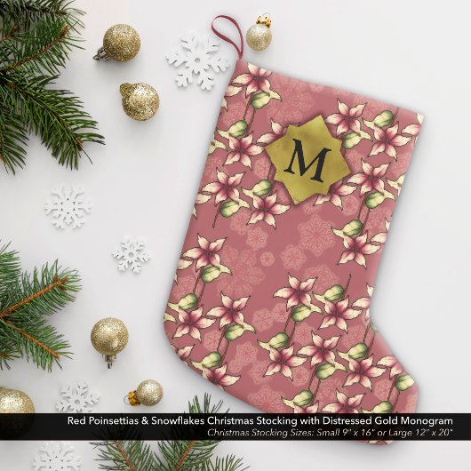 Red Poinsettias & Snowflakes Gold Monogram Kleine Kerstsok