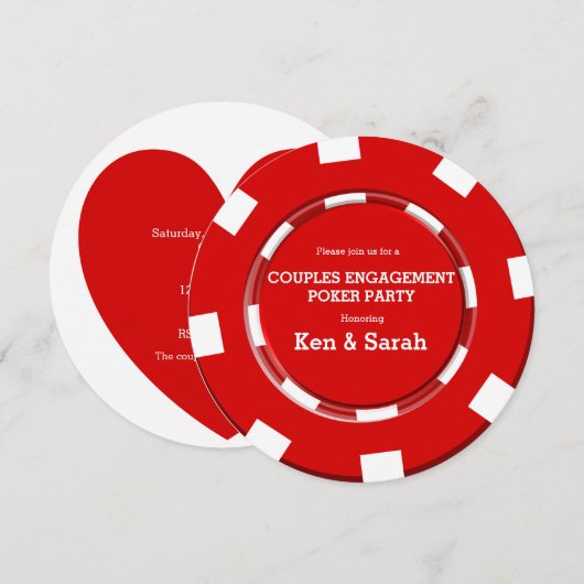 Red Poker Chip Heart Verloving Uitnodiging (Voorkant / Achterkant)