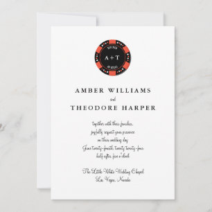 Red Poker Chip Monogram Vegas Wedding Invitation Kaart