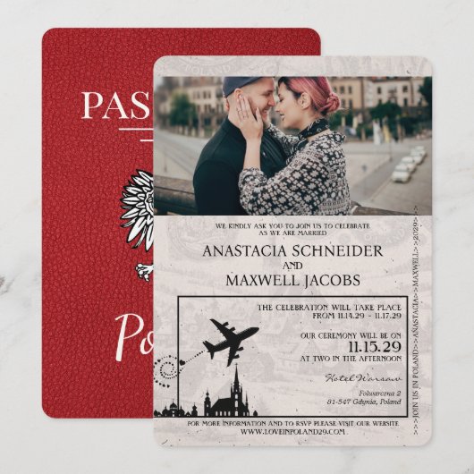 Red Poland Passport Uitnodiging voor het Huwelijk (Voorkant / Achterkant)