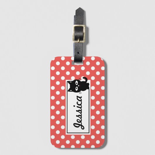 Red Polka Dot and Black Cat Personalized Bagagelabel (Voorkant (verticaal))