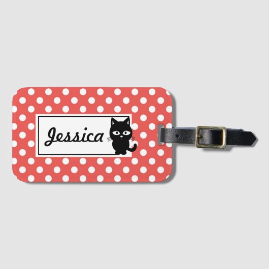 Red Polka Dot and Black Cat Personalized Bagagelabel (Voorkant (horizontaal))
