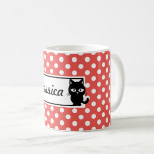 Red Polka Dot and Black Cat Personalized Koffiemok