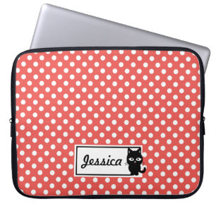 Red Polka Dot and Black Cat Personalized Laptop Sleeve