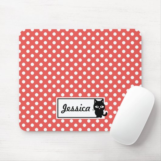 Red Polka Dot and Black Cat Personalized Muismat (Met muis)