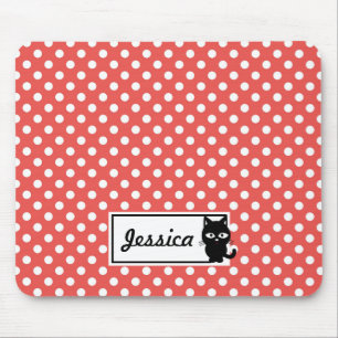 Red Polka Dot and Black Cat Personalized Muismat
