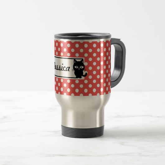 Red Polka Dot and Black Cat Personalized Reisbeker (Voorkant rechts)
