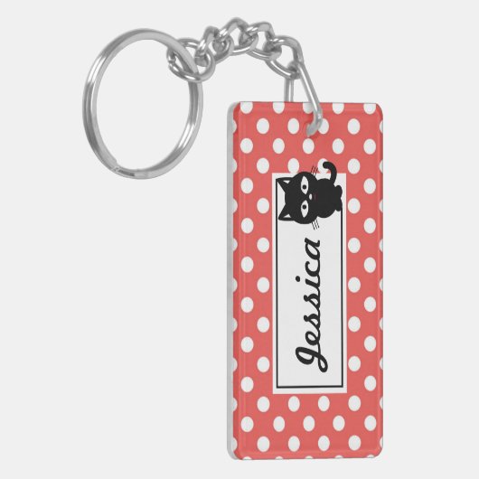 Red Polka Dot and Black Cat Personalized Sleutelhanger (Voorkant Links)