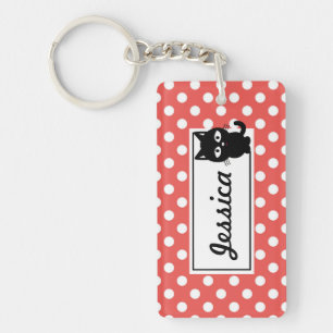 Red Polka Dot and Black Cat Personalized Sleutelhanger