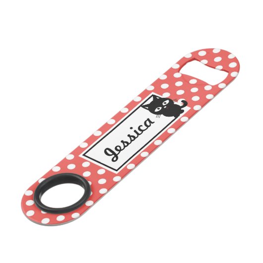 Red Polka Dot and Black Cat Personalized Speed Flessenopener (Voorkant Gekanteld)