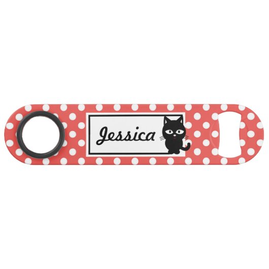 Red Polka Dot and Black Cat Personalized Speed Flessenopener (Voorkant (Horizontaal))