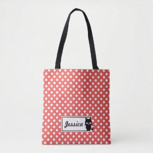 Red Polka Dot and Black Cat Personalized Tote Bag