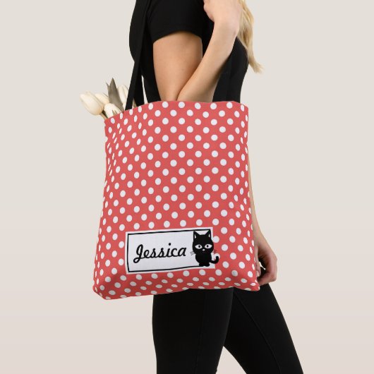 Red Polka Dot and Black Cat Personalized Tote Bag (Dichtbij)