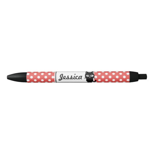 Red Polka Dot and Black Cat Personalized Zwarte Inkt Pen (Voorkant)